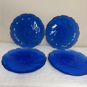Vintage Arcoroc France Cobalt Blue Glass Swirl Scalloped Plates, Set of 4